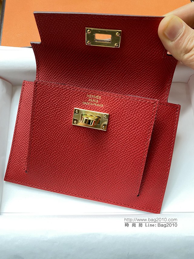 Hermes卡包 愛馬仕原版Kelly Pocket Epsom皮 Hermes新款小錢包 國旗紅金扣  tdh2178
